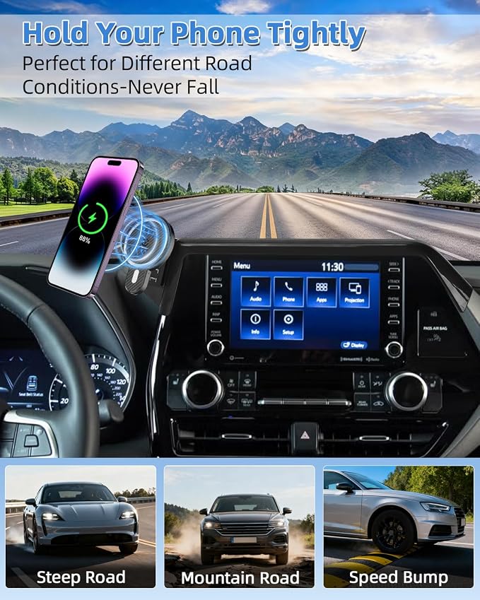 Car Phone Mount for 2020-2026 Toyota Highlander 8-inch Screen Accessories | L/LE/Hybrid XLE/Nightshade Magnetic 15W Fast Wireless Charger Phone Holder with Magsafe Not Affect Vent (Not fit 12.3'')