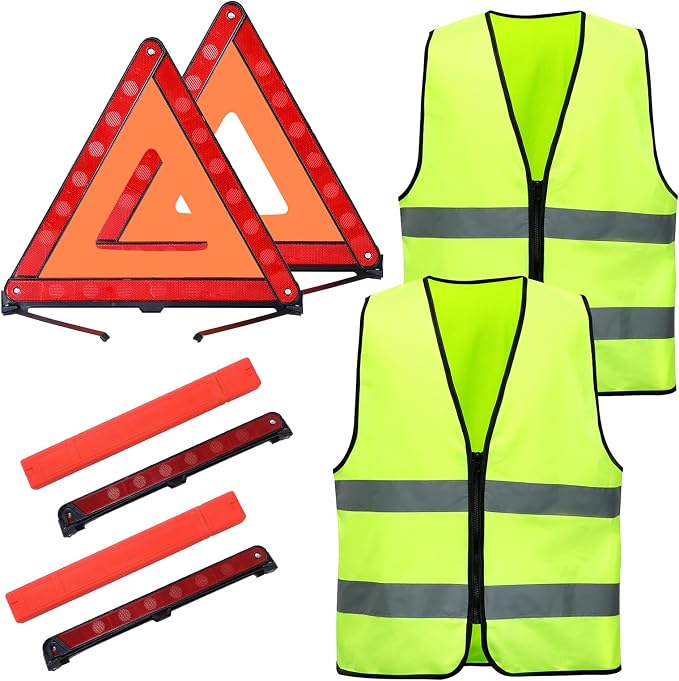 2 Pack Emergency Warning Triangle and Reflective Safety Vest Set – Foldable Reflective Roadside Triangles, Essential Car Emergency Kit for Vehicle Breakdowns and Road Safety