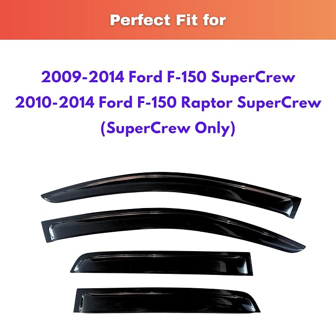 KPY Rain Guards Fit for 2009-2014 Ford F150 SuperCrew, Out-Channel Window Visors Vent Wind Deflectors 4PC, Truck Accessories for 2010-2014 Ford F-150 Raptor Crew Cab (Full-Size Cabs Only)