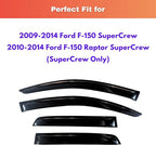KPY Rain Guards Fit for 2009-2014 Ford F150 SuperCrew, Out-Channel Window Visors Vent Wind Deflectors 4PC, Truck Accessories for 2010-2014 Ford F-150 Raptor Crew Cab (Full-Size Cabs Only)