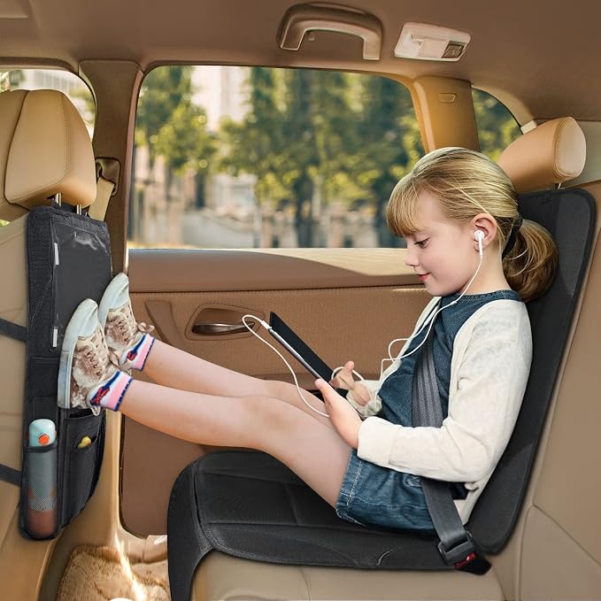 2-in-1 Car Seat Protector & Kick Mat with iPad Holder - Kids Backseat Organizer with Touchscreen Pocket, Storage Pockets & Waterproof Cover for Child Safety and Mess-Free Rides