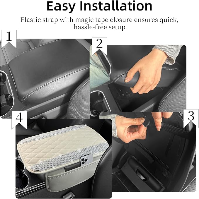 Bling White Car Center Console Cover, Leather Car Arm Rest Cover with 2 Storage Bags, Universal Auto Armrest Protector Storage Box, Bling Accessories Interior for Most Vehicles
