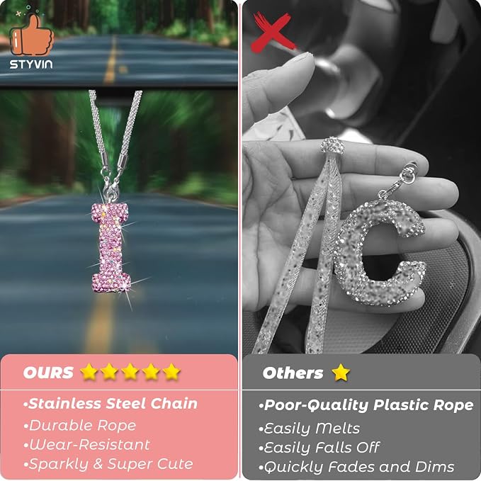 Bling Pink Car Accessories for Women Letter Charm, Rainbow Color Rear View Mirror Cute Crystal Pendant Car Decorations, Lucky Gifts Girly Diamond Rhinestone Charm Letter I