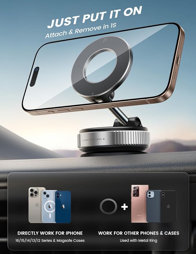 Car Phone Mount - [70 LBS Strongest Suction] for Magsafe Car Mount, 360° Adjustable Suction Cup Phone Mount Dashboard Windshield Vacuum Magnetic Phone Holder for Car Silver