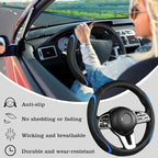 Leather Splicing Black Blue Car Steering Wheel Cover,14.5-15 Inch Universal Microfiber Leather Covers Breathable Anti-Slip Odorless Steering Wheels Accessories for Men Women