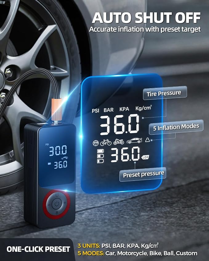 Cordless Tire Inflator Portable Air Compressor, 150 PSI Air Pump with Rechargeable Battery, Tire Pressure Gauge, 12V Car Power Adapter, Smart Air Pump for Car, Motorcycle, Bike, Ball