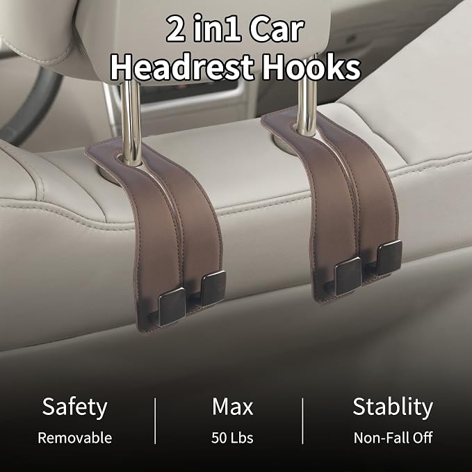 Leather Headrest Hooks for Car, 2 Pack Premium Car Seat Back Storage Hooks with Double Metal Hangers for Purses, Handbags, Groceries and Backpacks, Universal Heavy Duty Car Purse Holder Accessories