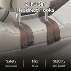 Leather Headrest Hooks for Car, 2 Pack Premium Car Seat Back Storage Hooks with Double Metal Hangers for Purses, Handbags, Groceries and Backpacks, Universal Heavy Duty Car Purse Holder Accessories