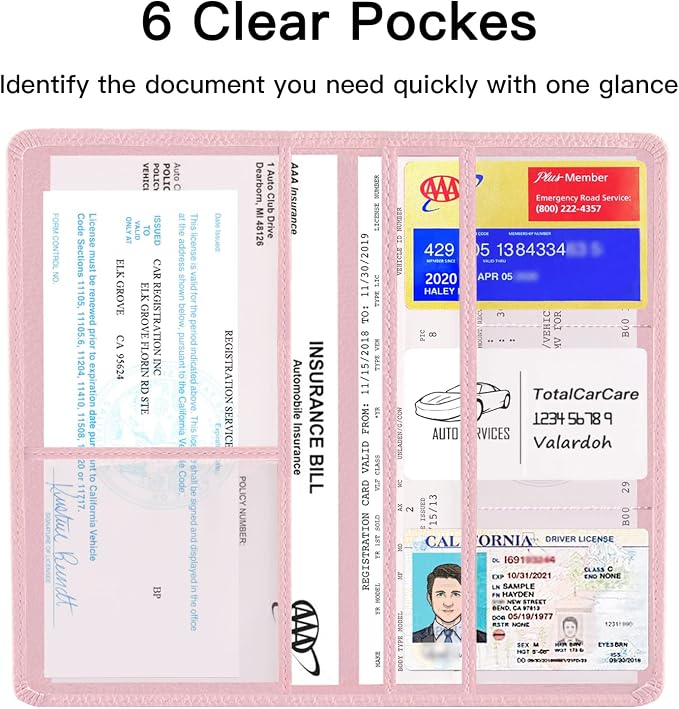 Premium Car Registration and Insurance Card Holder, Car Document Holder for Cards, Driver License & other Essential Documents (Pink)