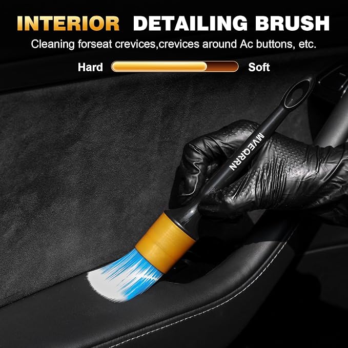 MVEQRRN 7PCS Car Detailing Brush Set,Boars Hair Detail Brush Kit(Gold) | Ultra Soft No Scratch, Car Dust Brush, Interior Detailing Brushes Kit, Detail Brushes Car Detailing for Interior Exterior