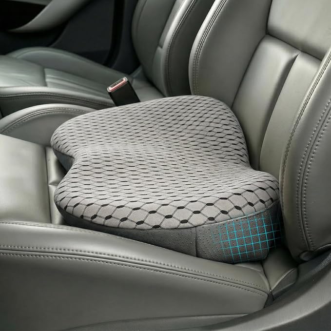 Car Seat Cushion - Memory Foam Seat Pad for Sciatica & Lower Back Pain Relief - Driving Cushion with Breathable Mesh Cover - Road Trip Essentials for Drivers (3D Gray)