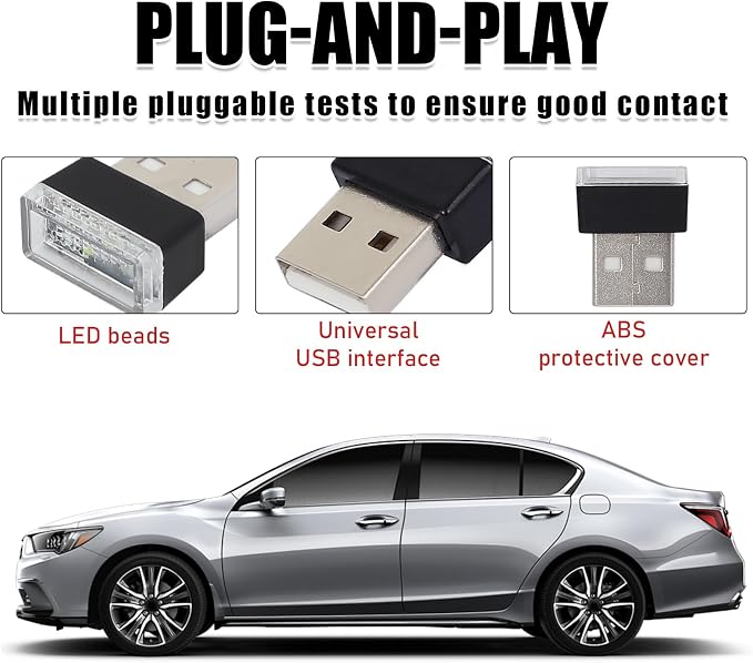 4 PCS USB LED Car Interior Atmosphere Lamp, Portable Mini LED Night Light, Plug-in USB Interface Trunk Ambient Lighting Kit, Universal Interior Car Accessories (Blue)