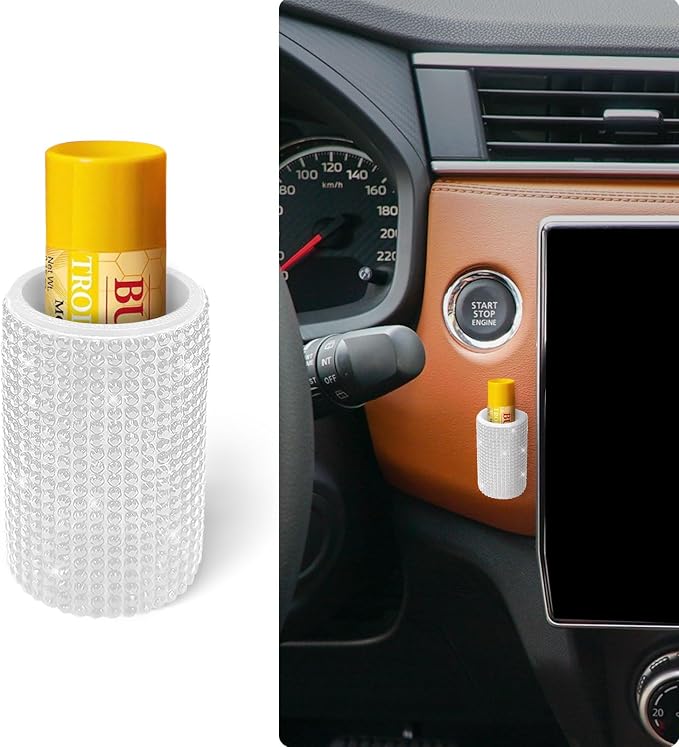 Upright Car Chapstick Holder, Bling Insulating Lip Balm Holder,Rhinestone Car Accessories for Women Interior,Suitable for Most Vehicles. (White)