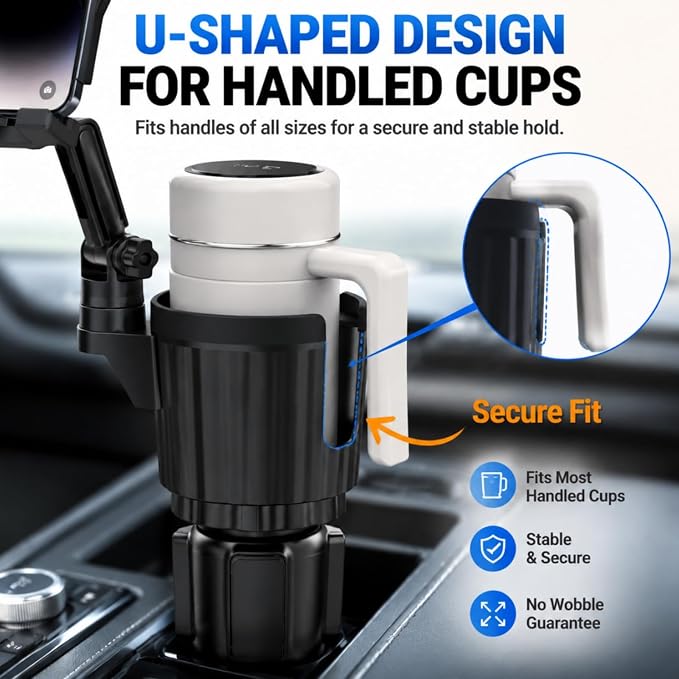 Universal 2-in-1 Car Cup Holder Expander Heavy Duty Adjustable Offset Base Tablet Mount for 4.5-13" Devices, Fits Large 32/40 oz Insulated Mugs and Bottles, Truck & SUV Interior Accessories