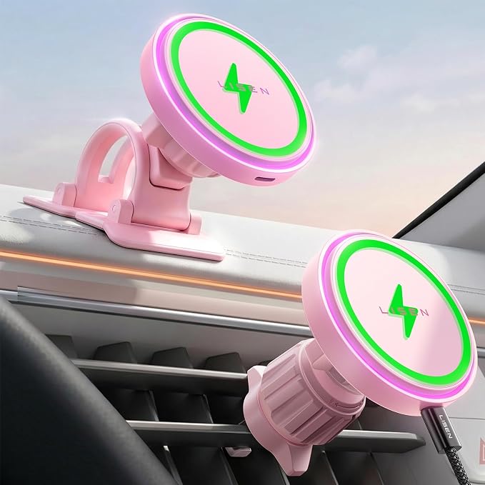 15W MagSafe Car Mount Charger,[Light Pink] Magnetic Wireless Car Charger, Dashboard & Air Vent Car Phone Mounts, Car Phone Holder for iPhone 17-12, Samsung, Pixel, Cute Car Accessories for Women | [Light Pink & Purple LED light] Magsafe Car Mount...