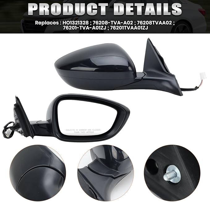Right Passenger Side Mirror Compatible with Honda Accord LX Sport 1.5T 2018-2025 Power Glass | Non-Heated | Paint to Match Repalces HO1321328 76208-TVA-A02 (3Pins-Black)