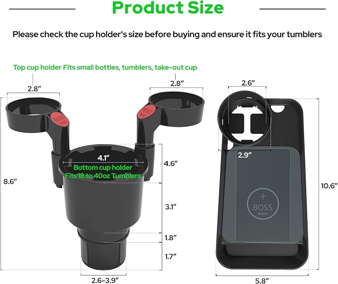 Triple Car Cup Holder Expander Attachable 2 Tray with Adjustable Base and Large Bottles