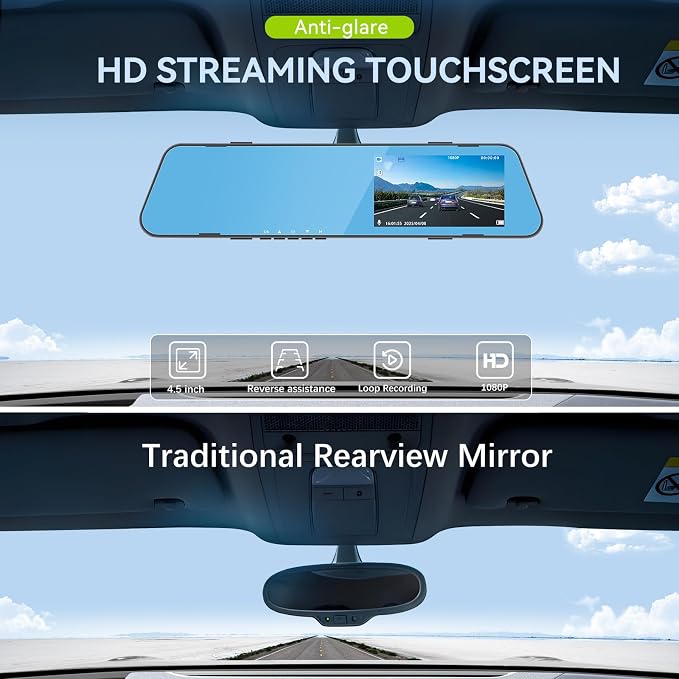 4.5 Inch Mirror Dash Cam Backup Camera 1080P Front and Rear View Mirror Camera for Cars Dual Lens Cam Loop Recording 150°Wide Angle G-Sensor Parking Assistance