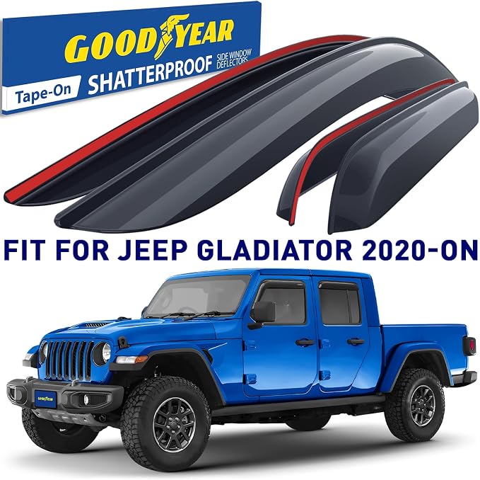 Goodyear Shatterproof Window Deflectors for Jeep Gladiator 2020-2026, Tape-on Rain Guards, Window Visors, Vent Deflector Visor, Car Accessories, 4 pcs. - GY008524