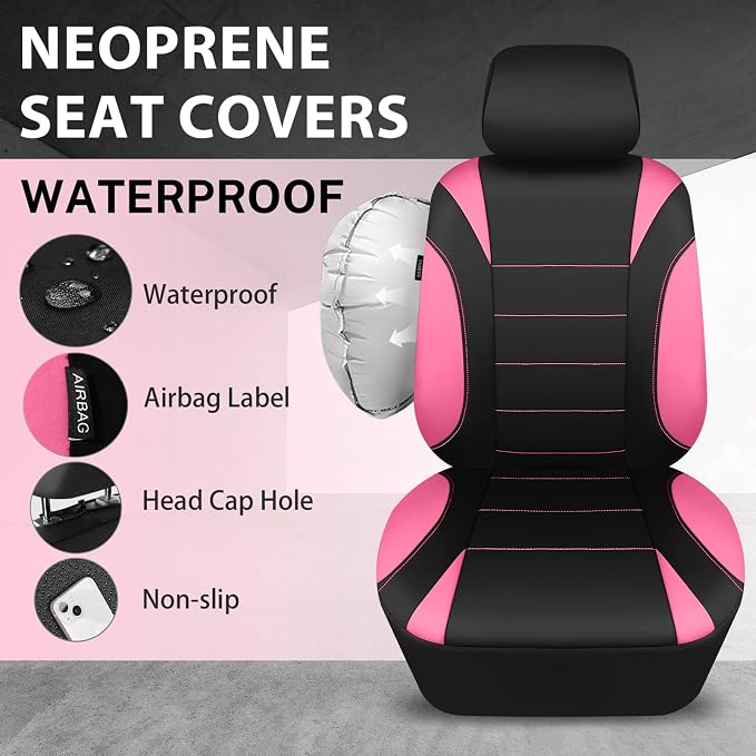 Waterproof Car Seat Covers Front Seats Only with 5mm Composite EVA, Neoprene Car Seat Cover Separate Headrest Cover, Quick Setup Universal Fit for Car SUV Trucks,Airbag Compatible Black Pink
