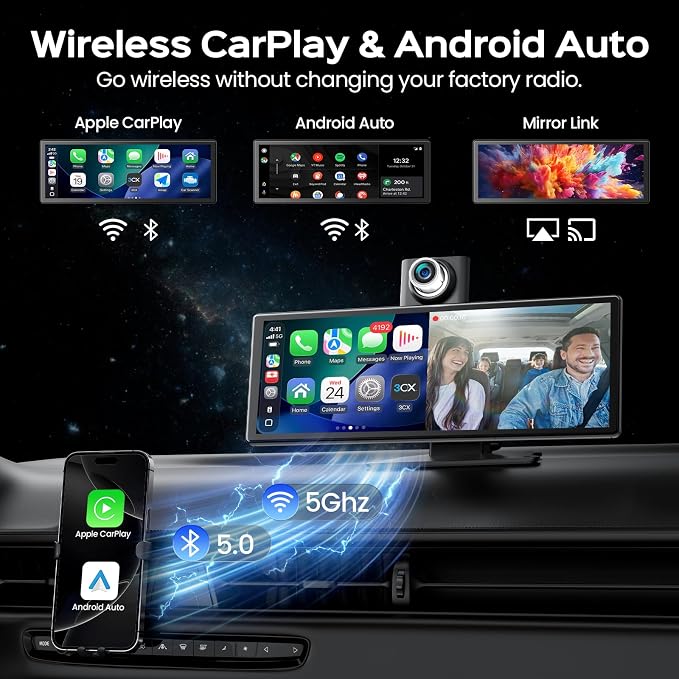 10.26" Portable Apple CarPlay Screen for Car with Rotatable 4K Dash Cam, Wireless CarPlay & Android Auto Display with 1080P Backup Camera, 64GB Card Included, GPS Navigation, Voice Control