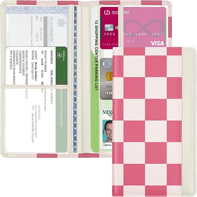 Car Registration and Insurance Holder, with Magnetic Closure for License, Cards and Documents, All Vehicle Needs and Car Accessories (Plaid-Pink)