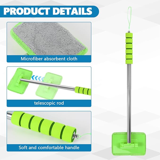 Car Windshield Cleaning Tool, Car Windshield Window Cleaner, Auto Glass Wiper Tool with Extendable Handle & Reusable Microfiber Pad, Universal Vehicle Cleaning Car Accessories (Green)