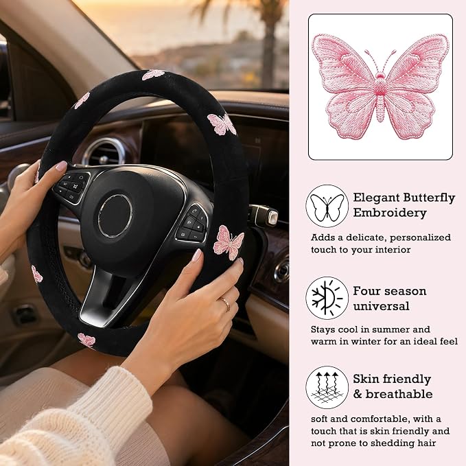Pink Embroidery Butterfly Steering Wheel Cover, Nappa Leather Material, Universal 14.5-15 Inch Leather Anti-Slip Breathable Auto Steering Wheel Covers for Men Women