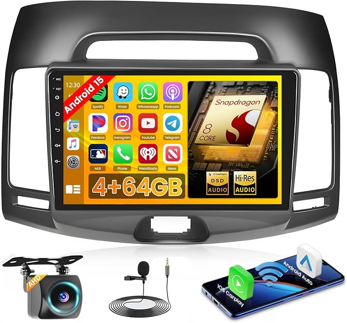 Qualcomn Chipset 8 Core 4+64GB Android 15 Car Stereo for Hyundai Elantra 2007-2010, 9 Inch Touch Screen Carplay Android Auto Radio DSP Hi-Res Picture in Picture+AHD Backup Camera Voice Assistant