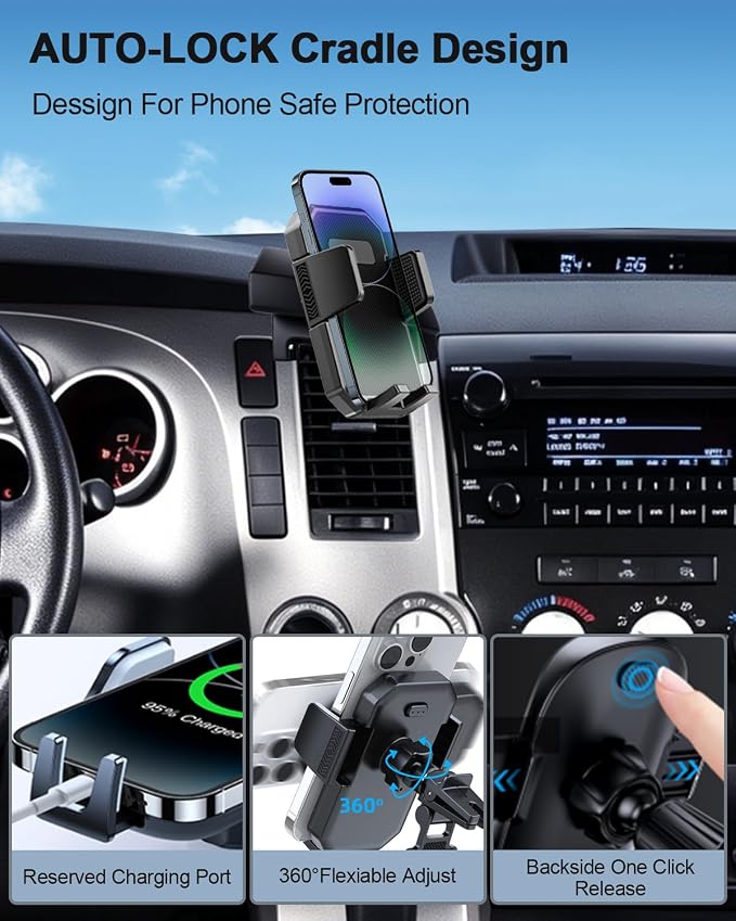 Car Phone Mount for Toyota Tundra 2007 -2013 /Sequoia 2008-2013 Accessories | Custom Air Vent Auto Lock Car Phone Holder for Tundra Fixed Cilp Hands Free 360° Rotation Phone Cradle for All Smartphone