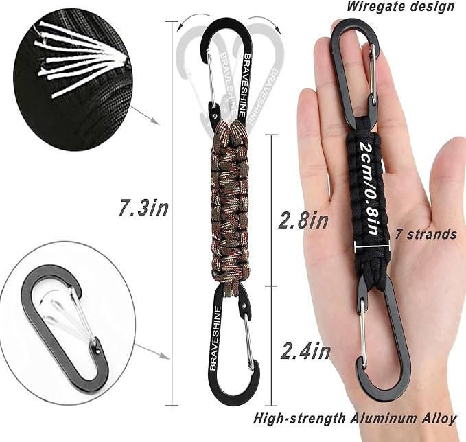 Paracord Keychain Carabiner Clip, D Ring Lanyard Hanger Stroller Hook for Water Bottle, Key, Backpacks, Men, Women