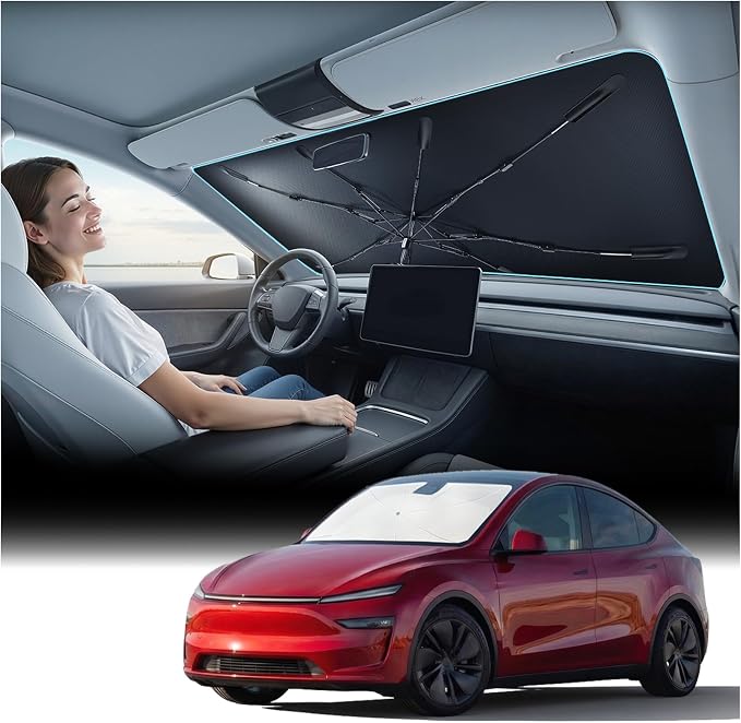 Windshield Sun Shade Umbrella for Tesla - [Vinyl Coating Heat Shield] Protect Car from Sun Rays & Heat Damage Keep Cool and Protect Interior, Spring Structure Edge