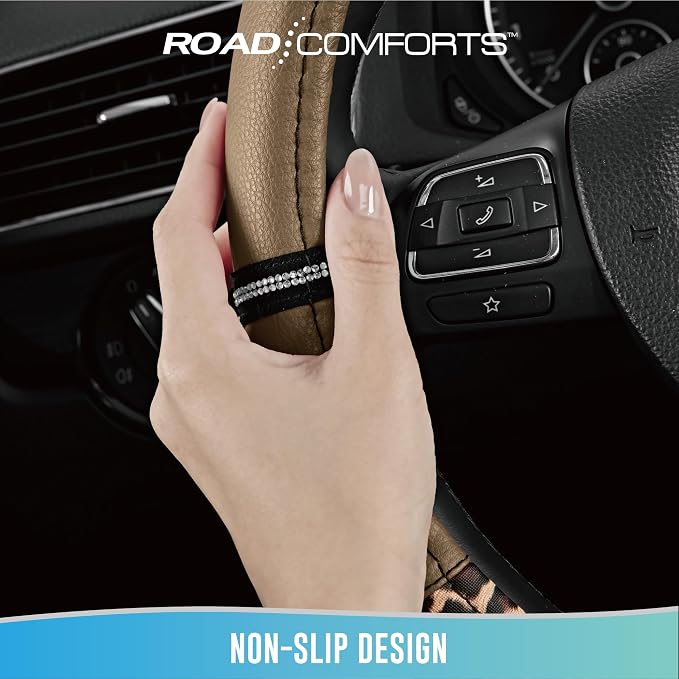 Leopard Steering Wheel Cover for Women, Cute Anti-Slip Microfiber Leather, Universal Fit 14.5-15 Inch Round Steering Wheel - Beige