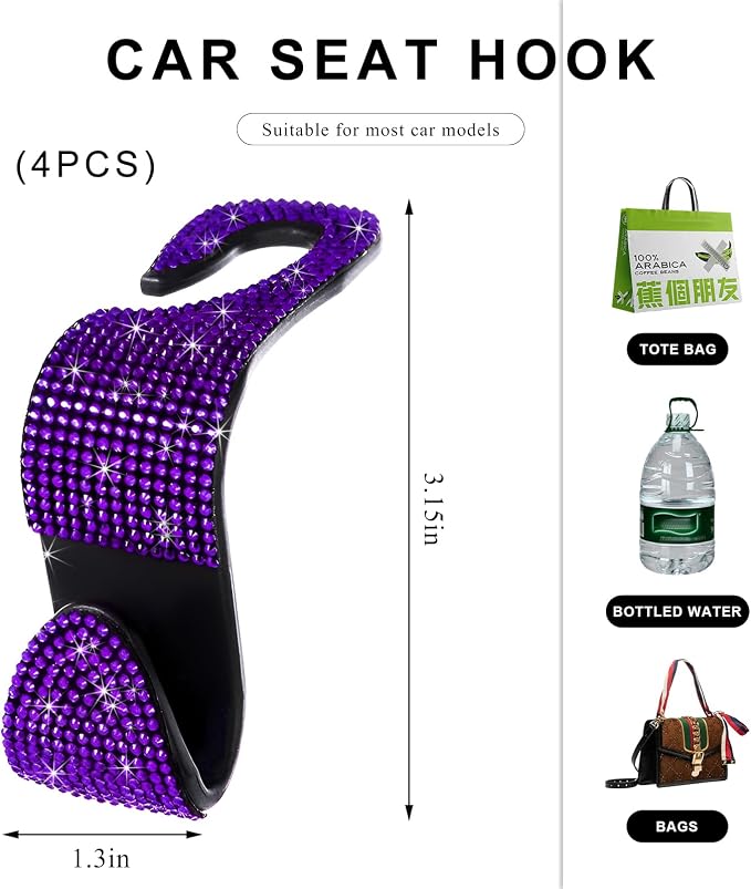 4 PCS Car Seat Headrest Hooks, Bling Crystal Rhinestone Back Seat Hanger Storage Organizer, Sparkly Seatback Holder Hooks for Purse and Bags Universal For Most Vehicles (Purple)