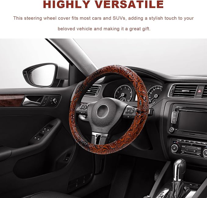 Sun Walker Leather Car Steering Wheel Cover, 15" Anti-Slip Crocodile Pattern Wheel Protector with Rose Grain, Comfortable Grip Steering Wheel Protector Universal for Cars SUVs Trucks (Brown)