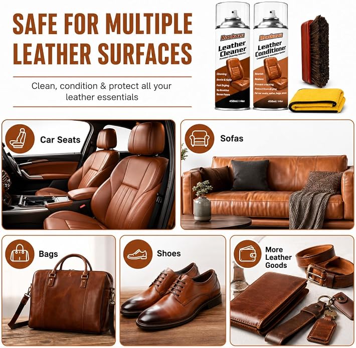 Leather Cleaner and Conditioner Kit, Car Leather Care Set with Horsehair Cleaning Brush, Deep Cleans, Conditions and Restores Car Interiors, Furniture, Shoes, Boots, Bags & Apparel