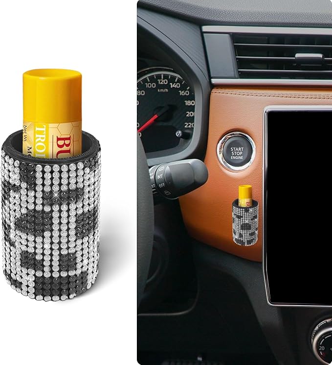 Upright Car Chapstick Holder, Bling Insulating Lip Balm Holder,Rhinestone Car Accessories for Women Interior,Suitable for Most Vehicles. (Cow)