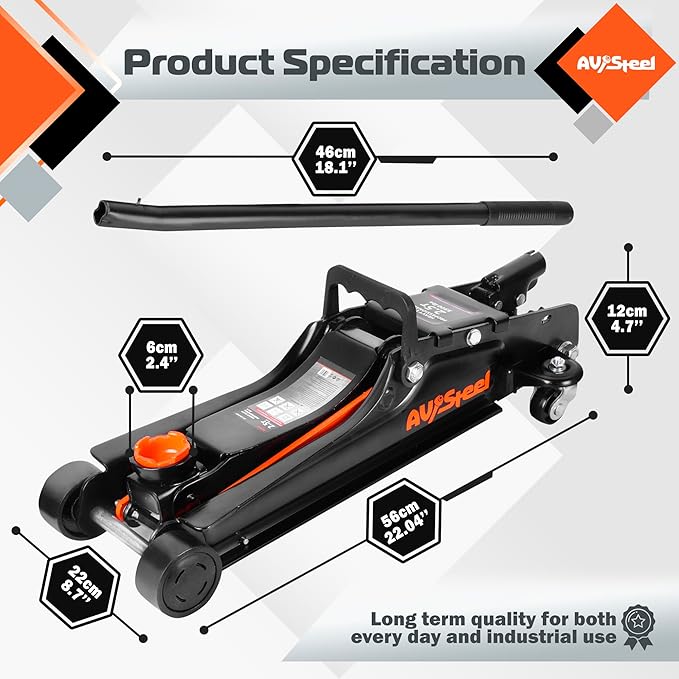 Low Profile Floor Jack 2.5 Ton (5000 lbs), Lift Range 3.4" to 14.6" for Cars & Sedans, Hydraulic Steel Jack with Single Piston Pump - Not for Trucks or SUVs