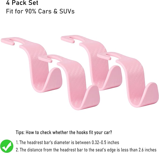 Car Seat Headrest Hook Universal Vehicle Seat Hook Hangers Interior Storage Organizer for Purse Handbag Coats Umbrellas Grocery Bags 4 Pack Pink