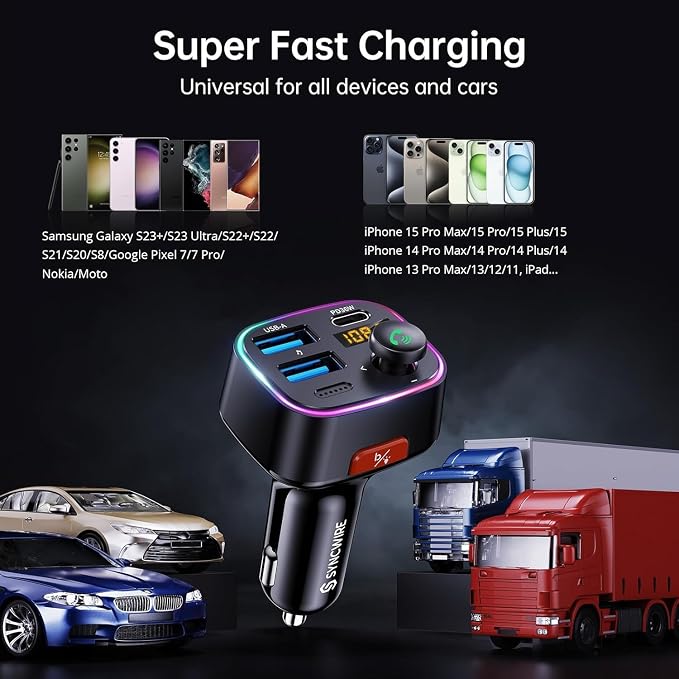 Bluetooth 5.4 FM Transmitter Car Adapter 48W (PD 36W & 12W) [Light Switch] [HiFi Bass Sound] [Fast Charging] Wireless Radio Music Adapter LED Display Hands-Free Calling Support USB Drive