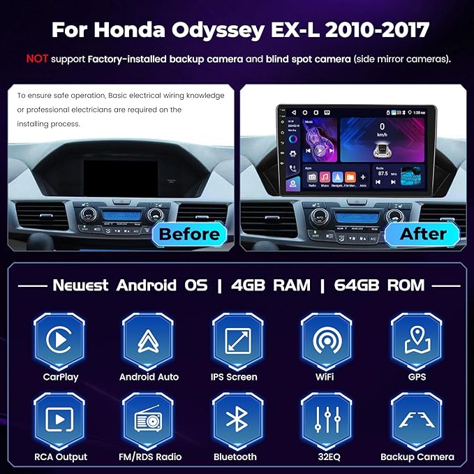 [4+64G] Android 15 Car Stereo for Honda Odyssey EX-L 2011-2017 with Wireless Carplay Android Auto, 9'' IPS Touch Screen Radio Bluetooth Mirror Link GPS WiFi SWC AI DSP/FM/RDS/EQ Backup Cam+Mic