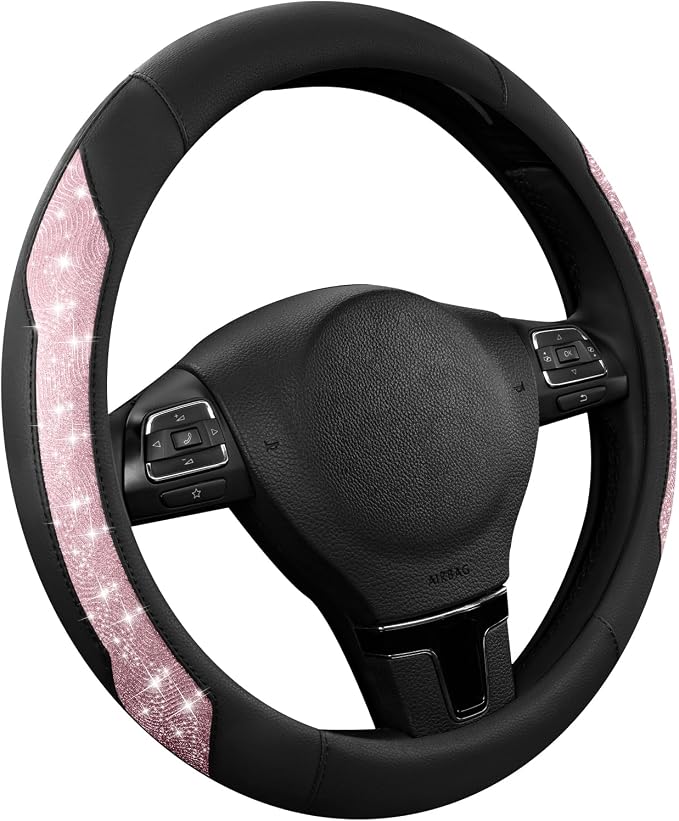 Steering Wheel Cover, Pink Sparkly Crystal Bling Glitter with Leather, Universal Fit 14.5"-15.5" Car Steering Wheels for Girls & Women, Anti-Slip Wheels Cover for Cars, Trucks, Van, SUVs