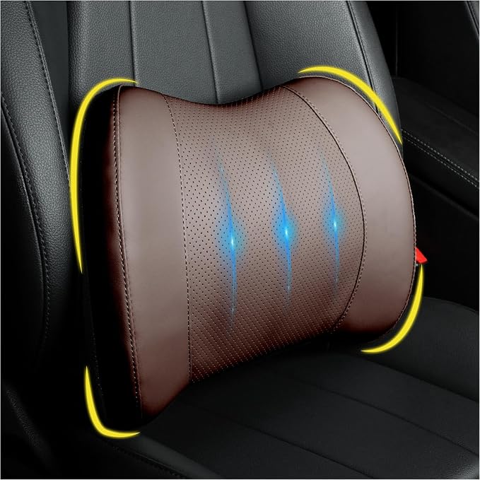Lumbar Support Pillow for Car, Car Seat Back Support for Driving | Memory Foam Car Lumbar Support for Driving Seat, Car Back Cushion, Adjustable Straps, Lower Back Pillow, PU Leather, Brown
