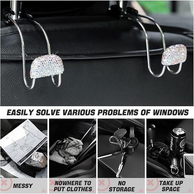 Car Headrest Hook, 2 Pack Bling Backseat Organizer Hanger for Purse Clothes Grocery Bag, Rhinestones Auto Headrest Storage Holder, Universal Car Seat Accessories for Most Vehicle (AB)