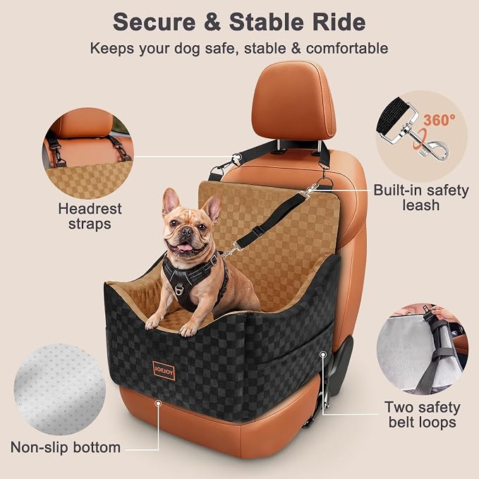 Elevated Dog Car Seat for Small/Medium Dogs up to 35 lbs, Memory Foam Booster Seat with Detachable Washable Cover, Travel-Safe Car Bed with Safety Belts & Storage Pockets, Brown