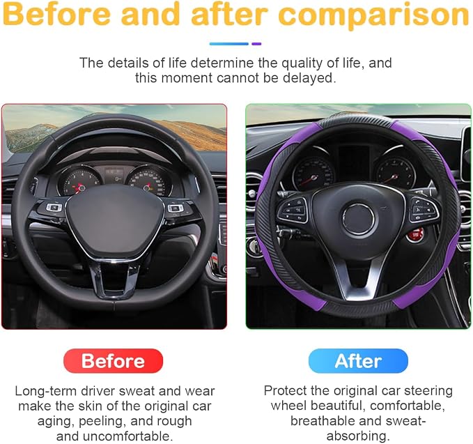 Car Steering Wheel Cover, 15 inch Carbon Fiber Microfiber PU Leather Elastic Steering Wheel Protector for Men Women, Anti-Slip Breathable Car Interior Accessories for Most Cars (Purple)