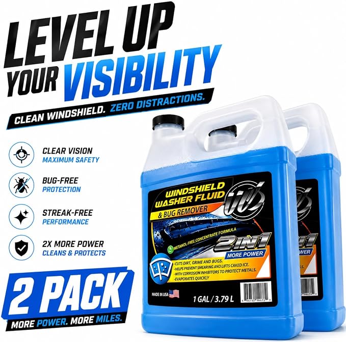 2-in-1 Windshield Washer Fluid 2-Pack (1 Gallon Each, 256 fl oz Total) – Ready to Use, Streak-Free Formula, All-Weather Cleaning, Removes Bugs, Dirt & Road Grime – Premium Windshield Cleaner