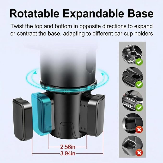 9" Car Cup Holder Tray, Detachable Food Tray Table for Road Trip | Fits Yeti & Hydro Flask, 360° Adjustable, Universal Cup Holder Expander, ABS Build, Phone Slot, Easy Install
