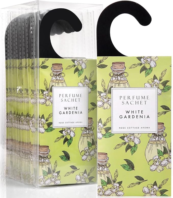 Large 12 Packs White Gardenia Hanging Scented Sachets Long-Lasting Closet Deodorizer Air Freshener Fabric Refresher Odor Eliminator for Drawer Home Fragrance Gift Set