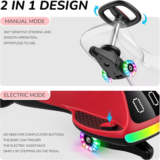 12V Electric Wiggle Car for Kids with Pedal, Display, Rechargeable Battery, LED Light, Bluetooth, Light-Up Wheels, Anti-Rollover, 2 Speeds, Ride on Toys, Birthday Gifts for Age 3+, 150Lbs